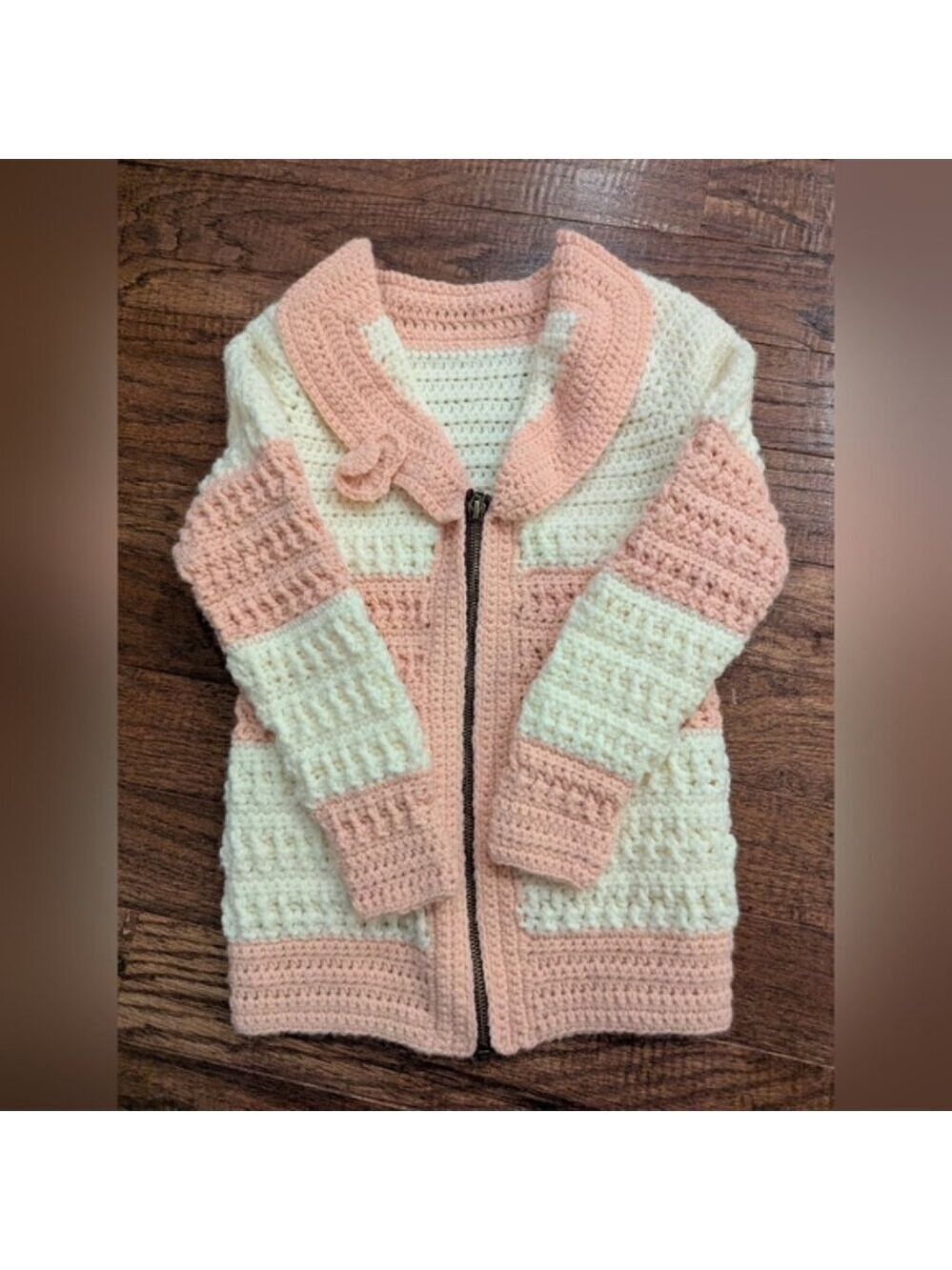 Hand Knit Cozy Pink and Cream Zipper Cardigan With Floral Design Kids Sz L 10-12